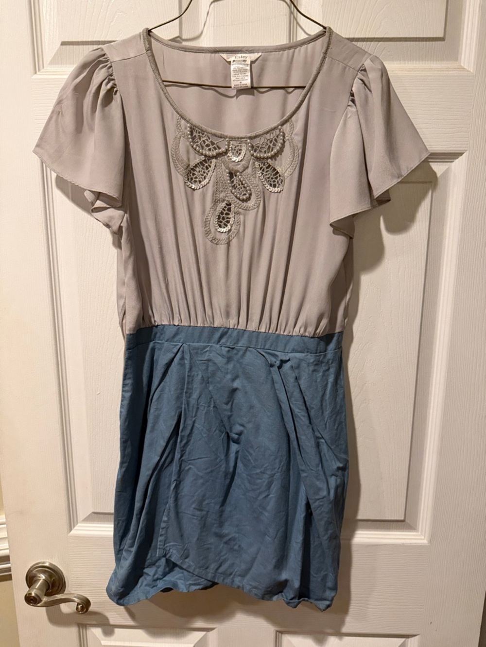 Esley Two-Tone Gray and Blue Mini Dress with Embroidered Neckline